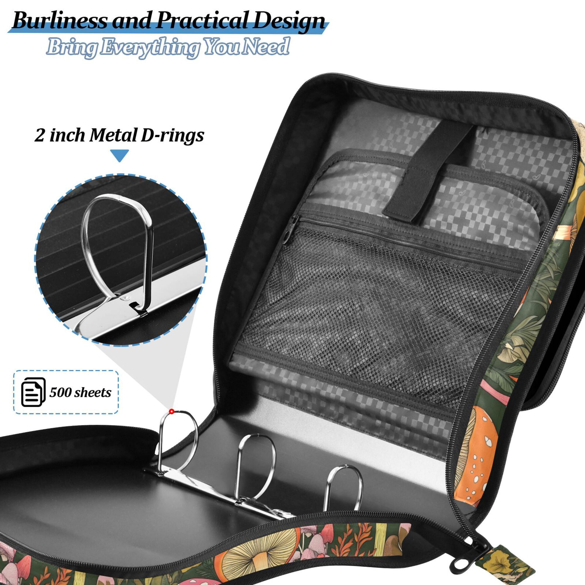 FORMRS Zipper Binder with Shoulder Strap 2-inch Ring 500 Sheet Capacity File Bag, Colorful Mushroom