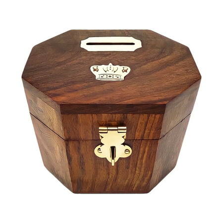 UPC: 0651355043947 | Wooden Decorative Coin Bank Money Saving Box Secured with Lockable Latch