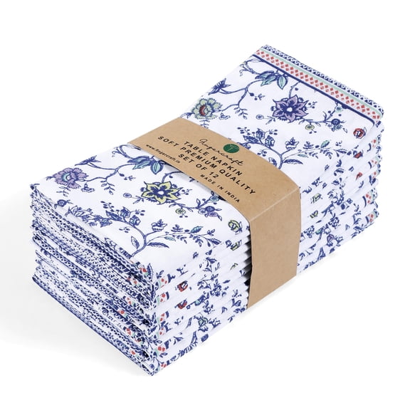 Fingercraft Cloth Napkin Set of 12 Cotton Linen Blend Mitered Corner Printed Table Napkins Washable and Reusable Dinner Cloth 20x20In Blue Meadow