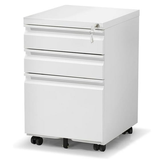 3 Drawer File Cabinet with Lock, Rolling Metal Filing Cabinet for Home Office, Under Desk Mobile File Cabinet with Wheels, White