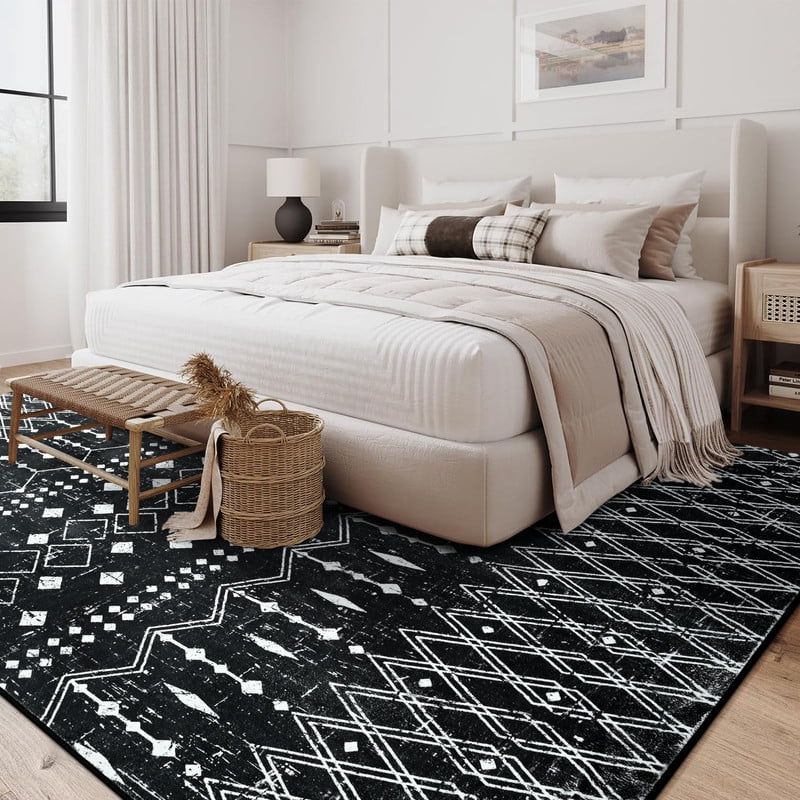 Jamfeel Area Rugs Vintage Geometric Printed Washable Rug Comfy Soft Non Slip Low Pile Carpet for Living Room, Kitchen, Office 6'x9' Black