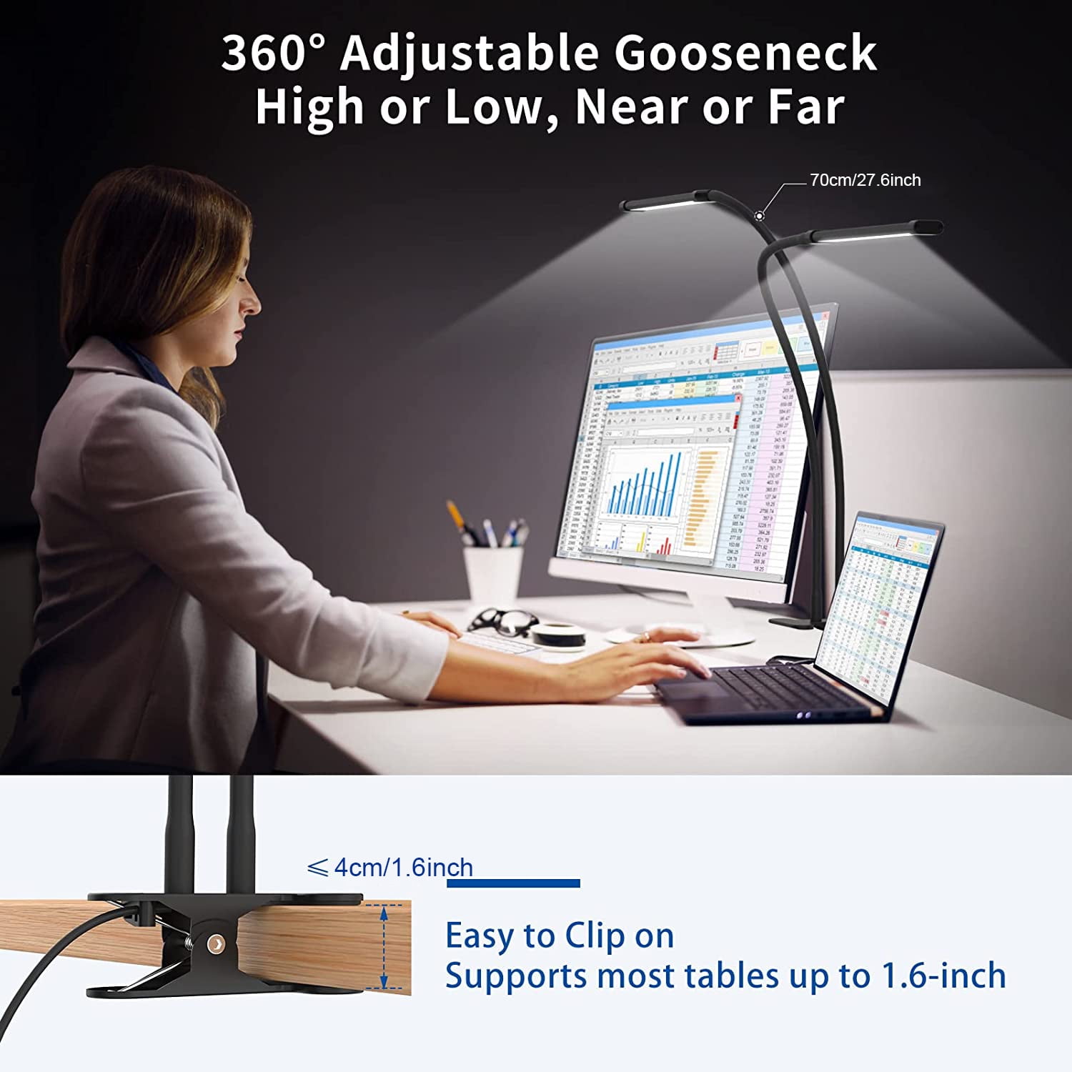 Lapalife Dual Heads Desk Lamp Dimmable 3 Colour 10 Brightness Levels 27.6inch Flexible Gooseneck Lamp Easy Clip on Reading Light Led Table Lamp for Home Office