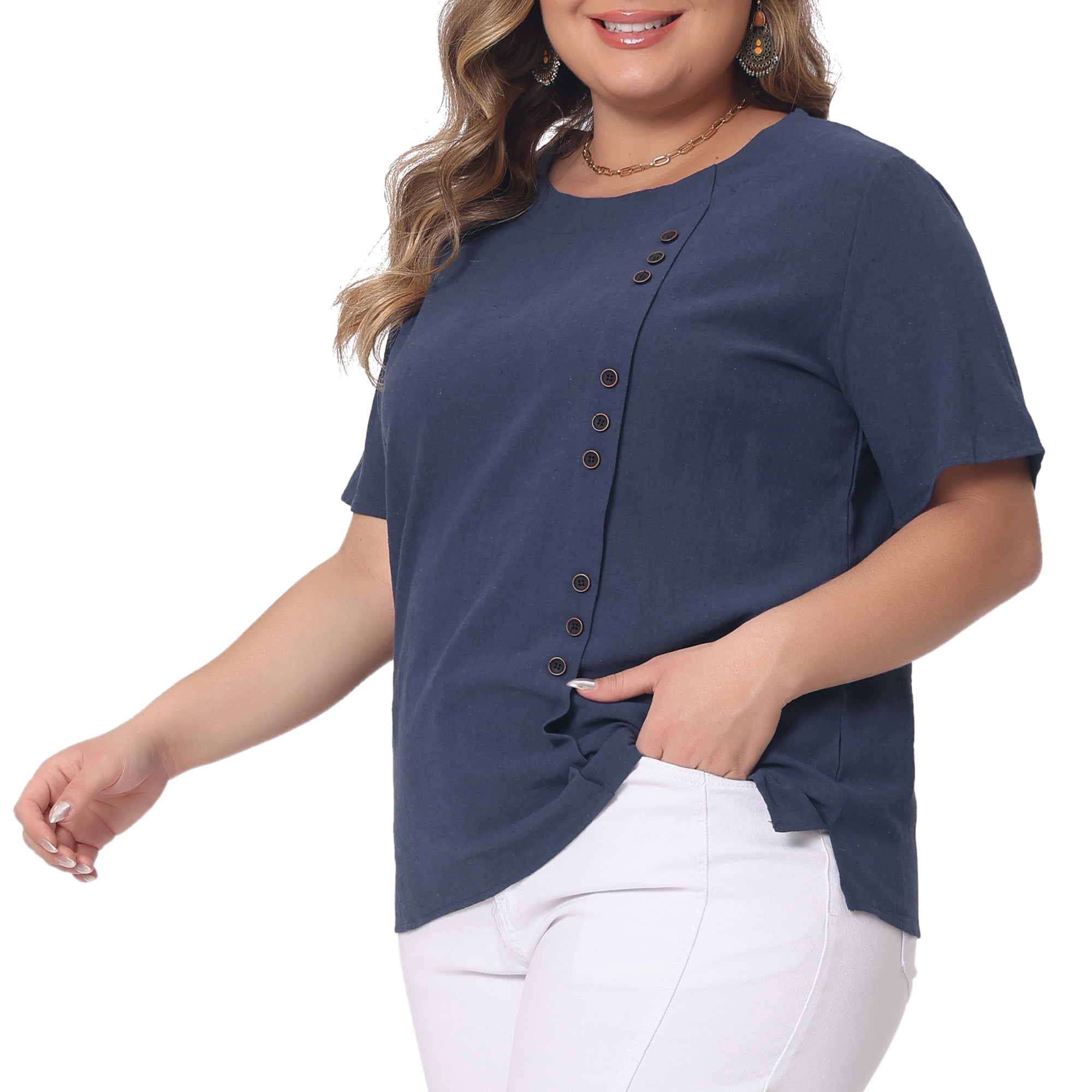 Women's Plus Top Short Sleeve Crew Neck Cotton Linen Blouses Top T Shirt 2X Navy Blue