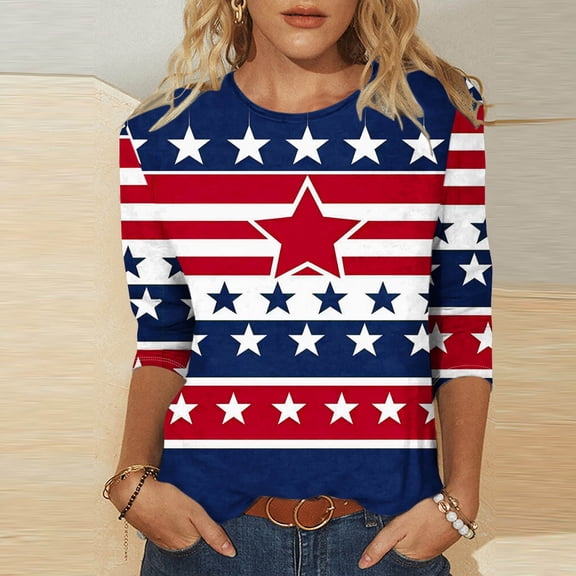 Cavosen Red White and Blue Tops for Women 4th of July 3/4 Sleeve Crewneck Tops American Flag Print T Shirts Lady XL Red White and Blue Casual Tops Patriotic Tunic Tees 2025 Patriotic Clothes