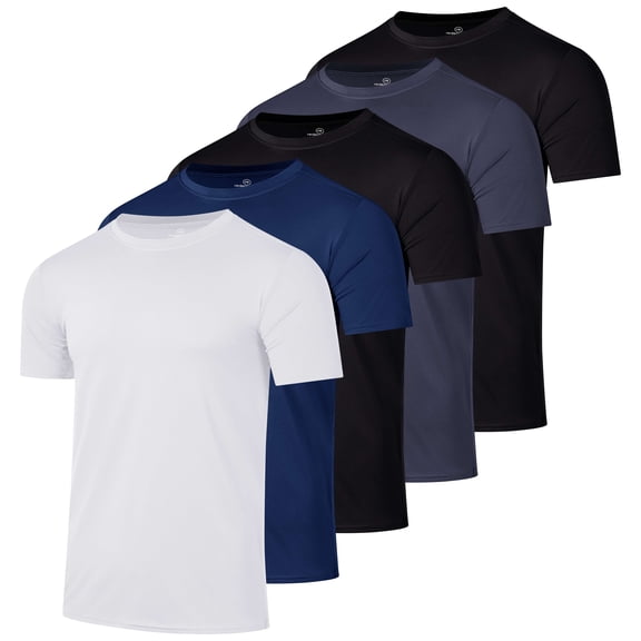 Real Essentials 5 Pack: Men's Dry-Fit Short Sleeve Crew Neck T Shirts Fitness Running Gym Workout Cool Exercise Athletic Tee