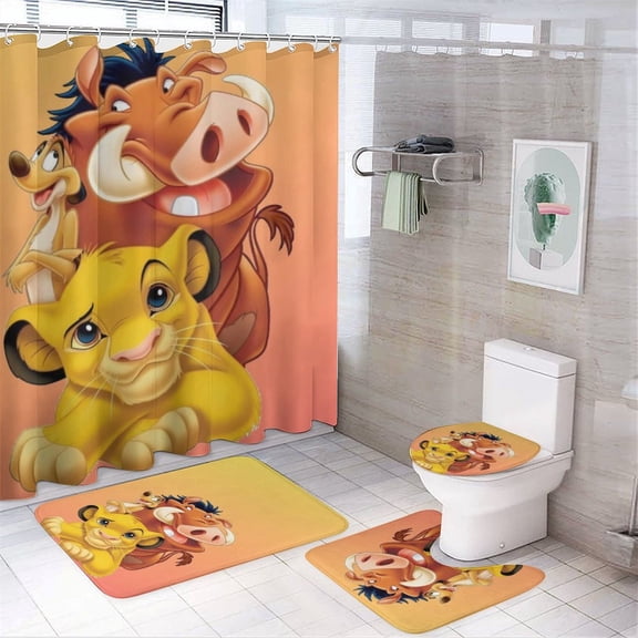 The Lion King 4 Piece Shower Curtain Set with Non-Slip Rugs, Toilet Lid Cover and Bath Mat, Cartoon Bathroom Decor Waterproof Shower Curtain with 12 Hooks, 72 x 72inch