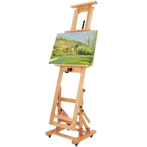 YEAHIBABY Light Brown Beech Wood Easel, Sturdy and Adjustable, Ideal for Painting, with Metal Crank and Wheels