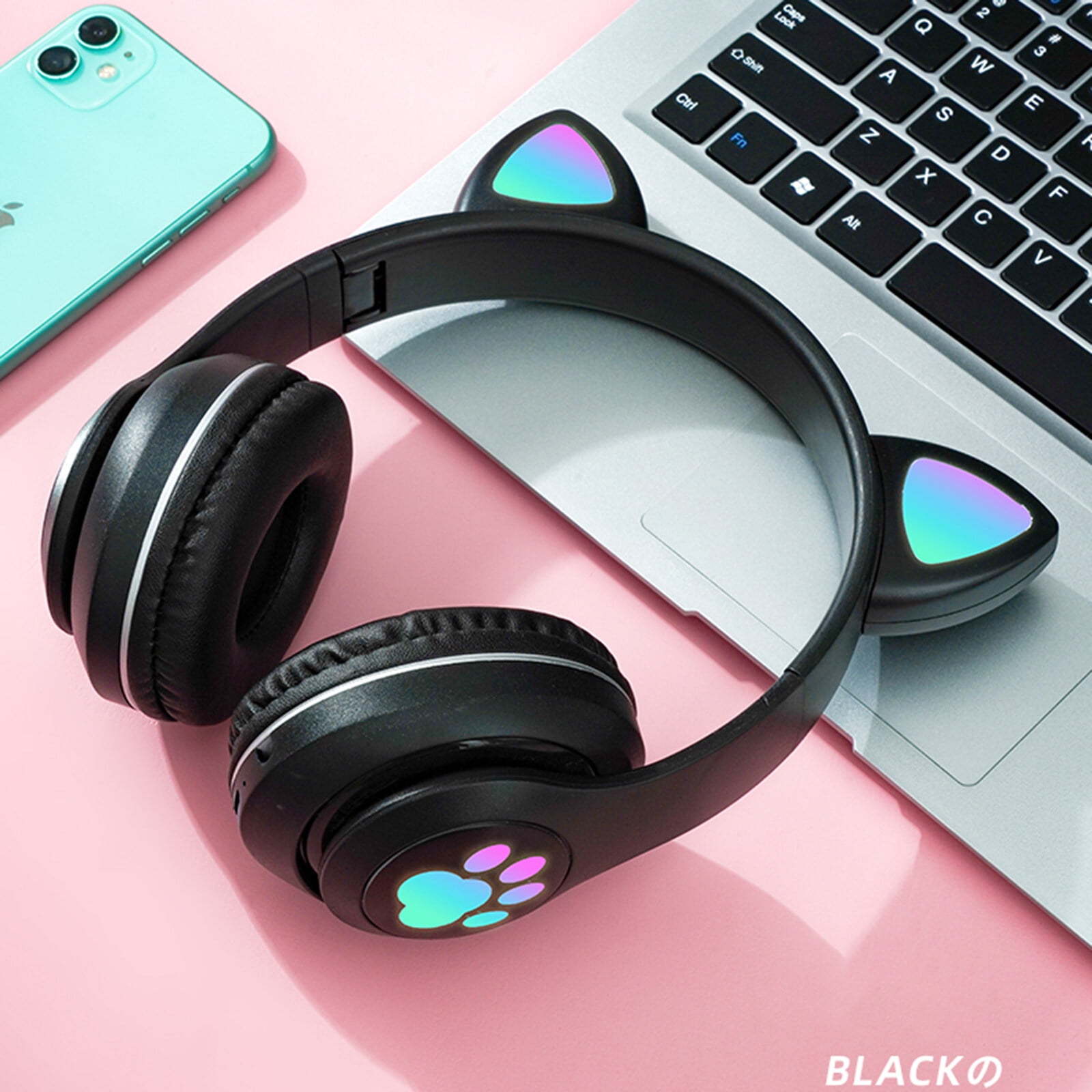 Haokaini Cat Ear Headphones, Bluetooth Wireless Headphones, Foldable Over-Ear Headphones with Microphone & LED Light Up, Cute Cat Ear Headphones, Black