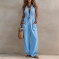 thumbnail image 2 of Hueook Cotton Rompers for Women One Piece Jumpsuits Summer Casual V-neck Sleeveless Wide Leg Jumpsuit with Pocket Light Blue 2X, 2 of 8