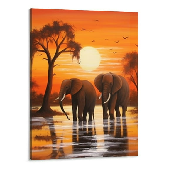 Creowell Vintage African Elephant Family Canvas Wall Art African Forest Sunset Landscape Picture Print On Canvas Framed and Stretched For Living Room Home Decor 16x20 inch