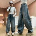 thumbnail image 1 of Cowsor Kids Girls Jeans Washed Elastic Waist Wide Leg Baggy Pants, 1 of 7