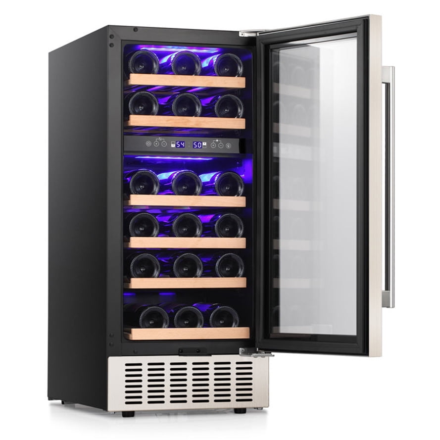 KNDKO 15" Wine Cooler Refrigerator, 28 Bottles Dual Zone Freestanding Fridge with Stainless Steel & Double-Layer Tempered Glass Door