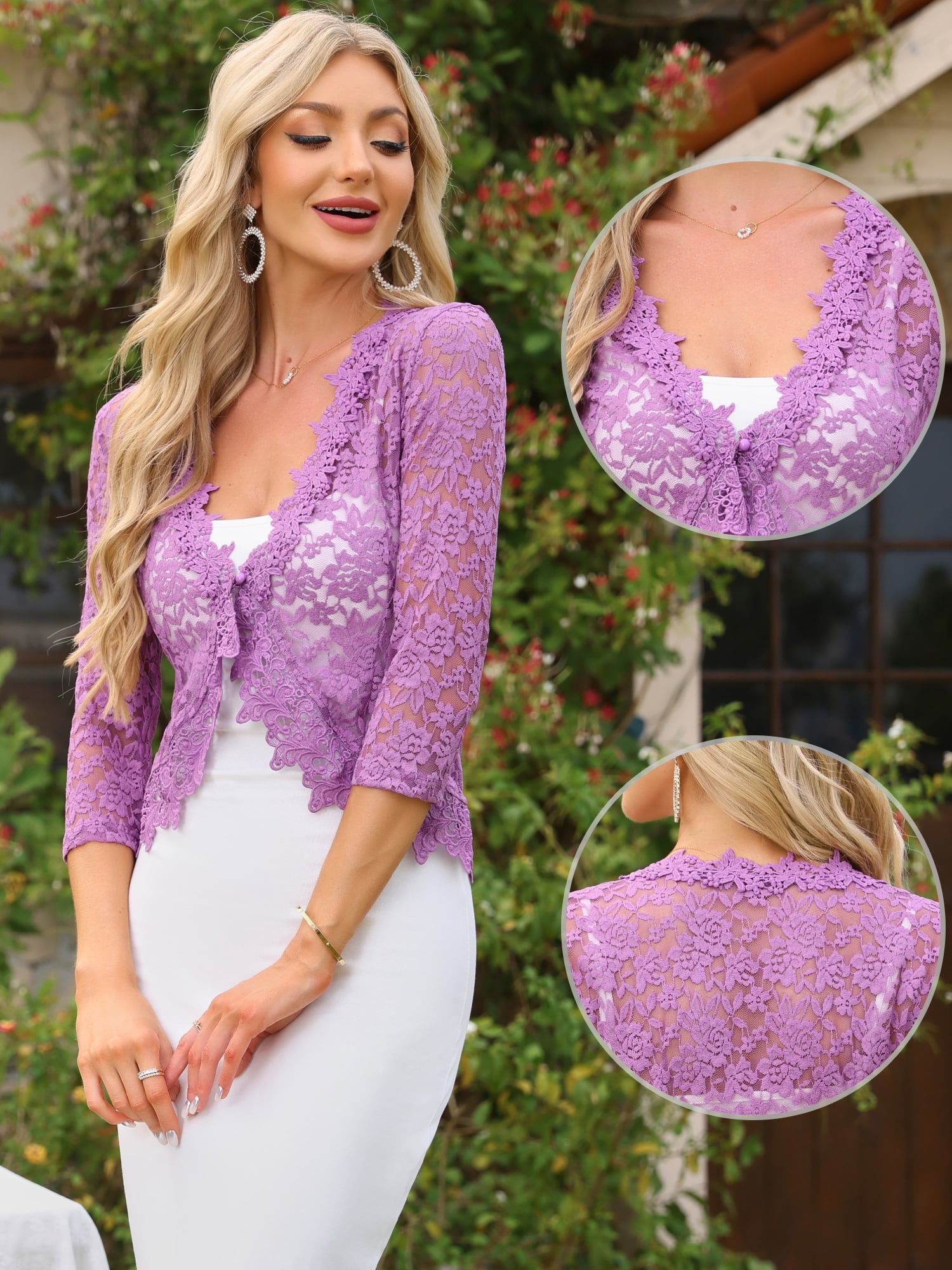 DARING DIVA Women's Floral Lace Shrugs Evening 3/4 Sleeves Formal Bolero Cardigan L Dark Purple