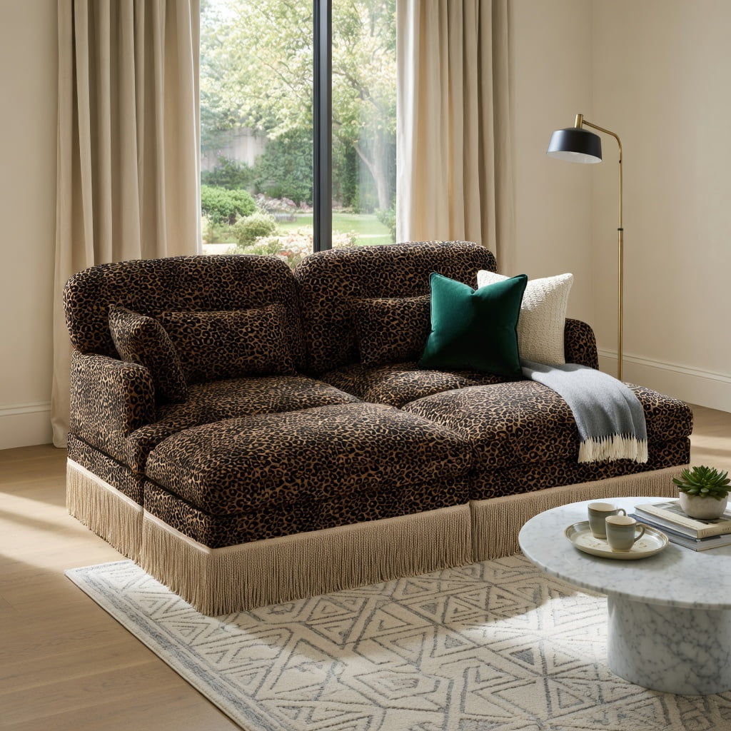 Hommoo Comfy Chenille Leopard Print Loveseat Sofa with Movable Ottomans, Tassel Trim & Ergonomic Deep Seat, Modern 2-Seat Modular Living Room Couch, Brown