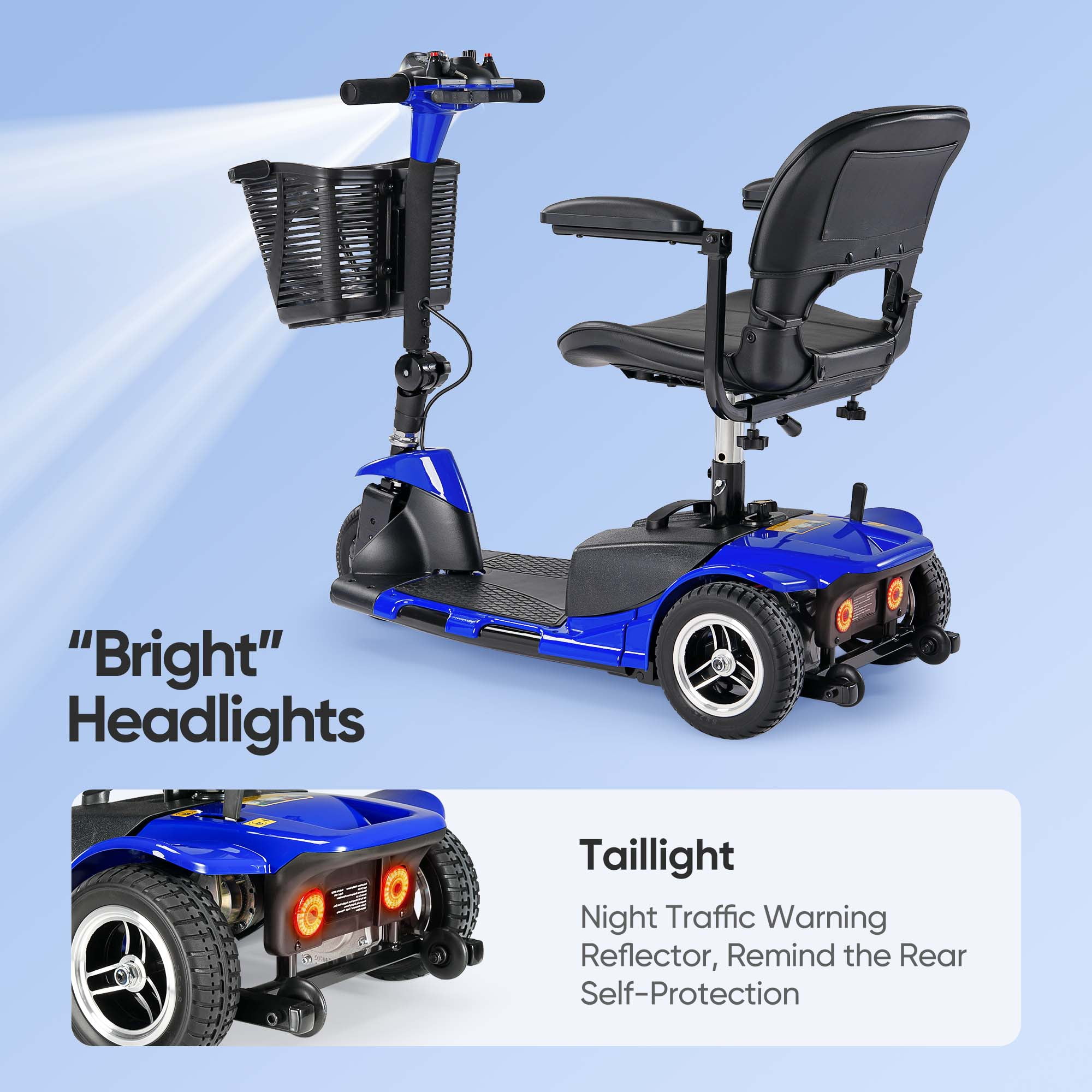 Morrean 3 Wheel Electric Powered Mobility Scooter, with Lighting Folding Travel Mobile Wheelchair for Seniors, Gift for Elderly, Blue