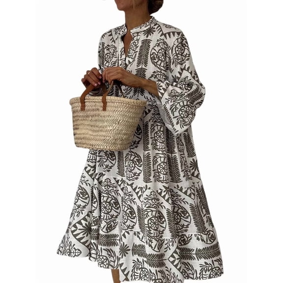 Women'S Summer Dress Casual V Neck Buttoned 3/4 Sleeve Bohemian Print Flowy Mini Dresses Khaki XL
