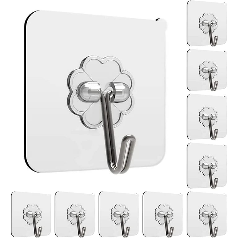 Adhesive Wall Hooks for Hanging Heavy Duty 13lbs, No Damage Picture Hangers  for Home and Office, Sticky Stainless Hooks for Kitchen Bathroom,  Transparent Waterproof and Rustproof, 10 Pack 