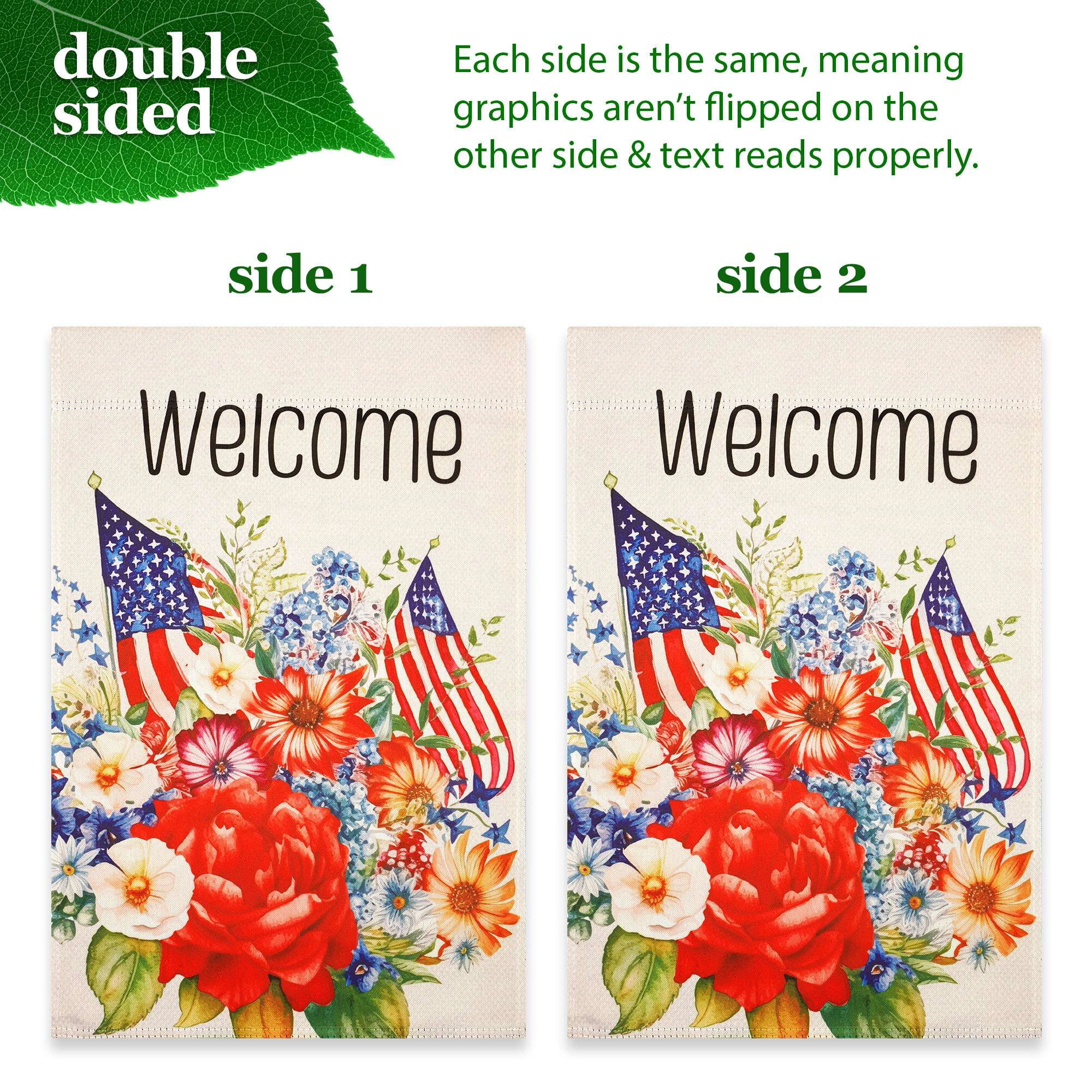 G128 Combo Pack Garden Flag Stand Black 36x16IN & Garden Flag Welcome American Flag Flowers Printed 12x18IN Double Sided Yard Garden Lawn Decoration