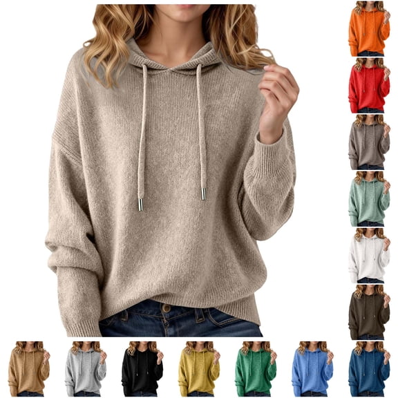 Wxolcjlv Women's Knitted Hooded Sweaters Long Sleeve Drawstring Hood Ribbed Hem Knit Garments