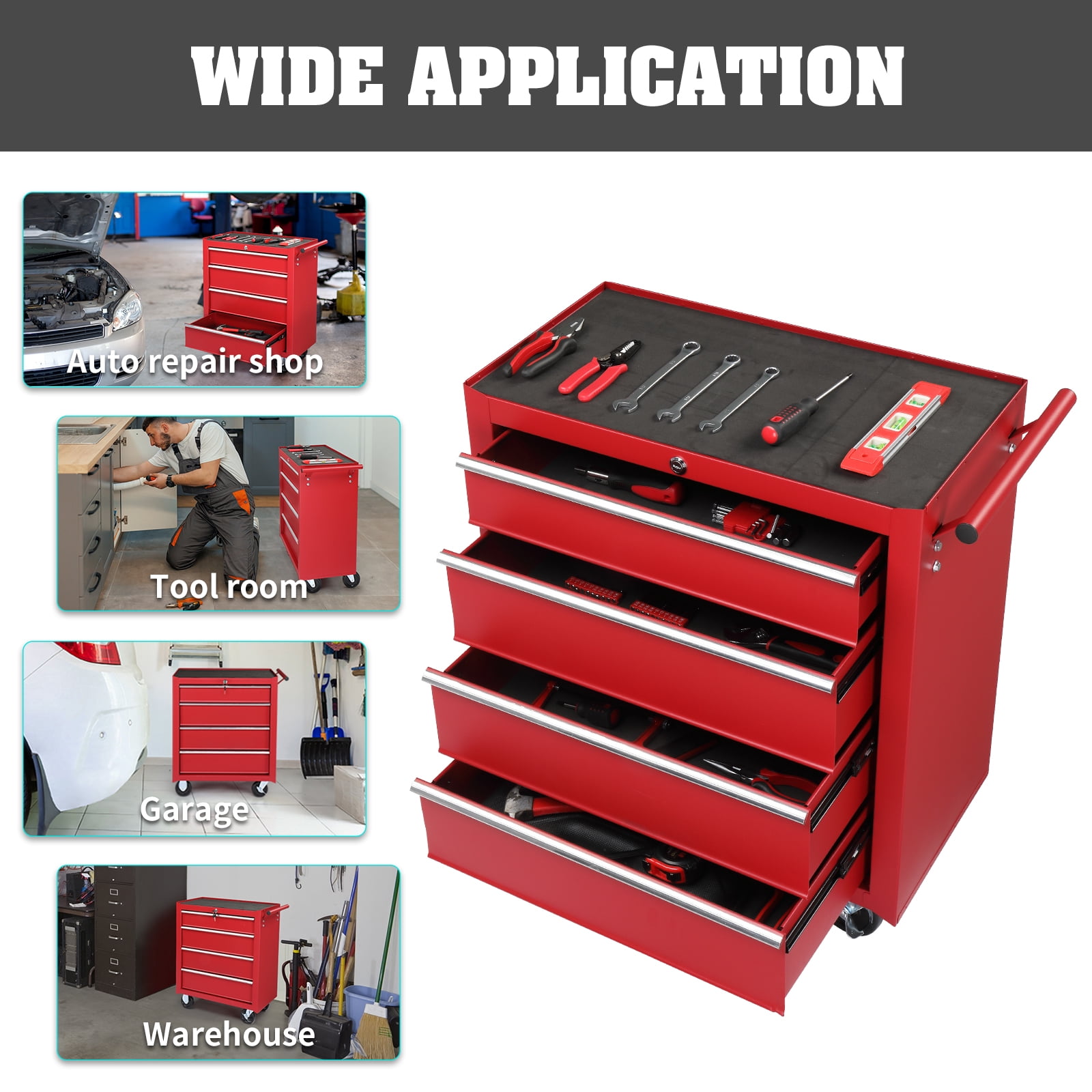 Tcbosik 4-Drawer Tool Chest with Wheels, Heavy Duty Rolling Tool Cabinet, Lockable Tool Organizer for Garage, Warehouse, Repair Shop, Red