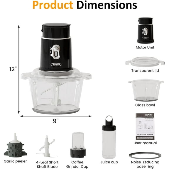 Sunvivi Electric Food Chopper, 4 in 1 Small Food Processor for Grinding Meat, Peeling Garlic & Juicing, 2 Speed Blender and Food Grinder Combo with 1.5L Glass Bowl & 2 Cups (0.4L 0.2L), Black