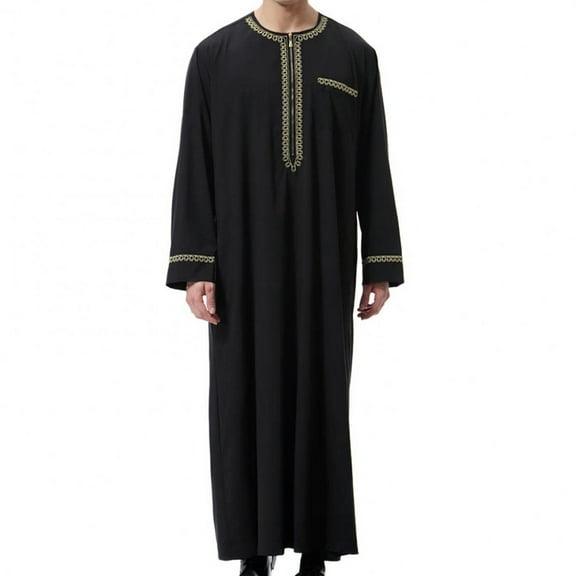 Dovford Mens Embroided V Neck Muslim Thobe Kaftan Robe Islamic Long Gown Long Shirts Middle East Saudi Arabia Robe Ramadan Eid Thobe