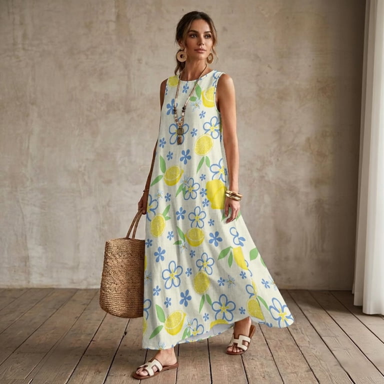 lemon print linen dress Lemon Print Sleeveless Maxi Dress, Boho Citrus Summer Dress