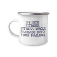 thumbnail image 1 of Fitness Coffee Mug, Fitness Freak, I'm Into Fitness. Fitness Whole Package Into Your Mailbox-12 Oz Stainless Steel Enamel Finish White Camper Coffee Mug, 1 of 2