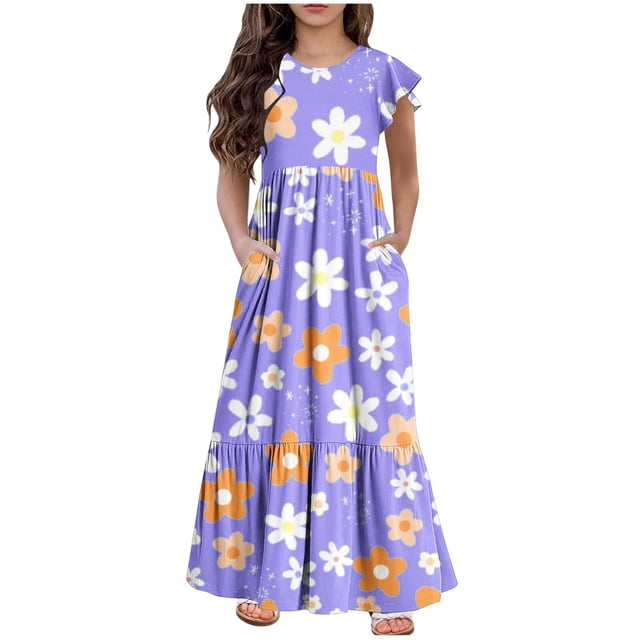 Yanlir Robe d'Été à Volants pour Filles 4-14 Ans, Robes Trapèze pour Enfants Sans Manches à Col Rond, Robe Soleil pour des Tenues Confortables et Stylées (Violet#6, 6 Ans)