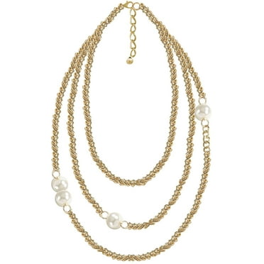 StylesILove Women Ivory Faux Pearl Gold Chain Statement Necklace 3 Row Layered Necklace for Birthday, Holiday, Prom, Special Event Fashion Jewelry