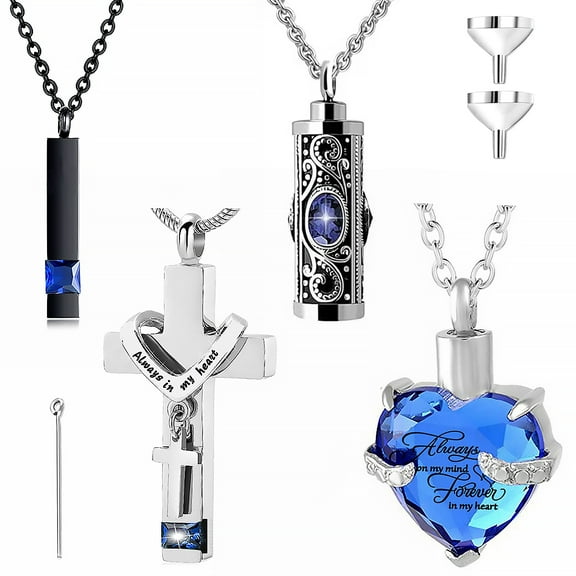 Rzvnmko Urn Necklace Set 4Pcs Stainless Steel Cremation Jewelry Heart Cylindrical Cross Rectangular Ashes Keepsake Waterproof Urn Memorial Pendant