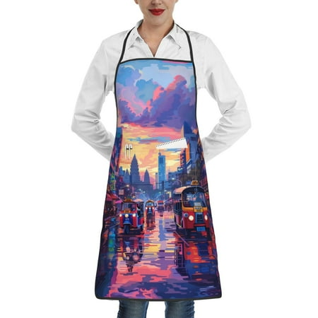 

Matuu Taxi Colorful Town for Adjustable Cooking Aprons for Women with Pockets Kitchen Aprons for Men Water and Oil Resistant