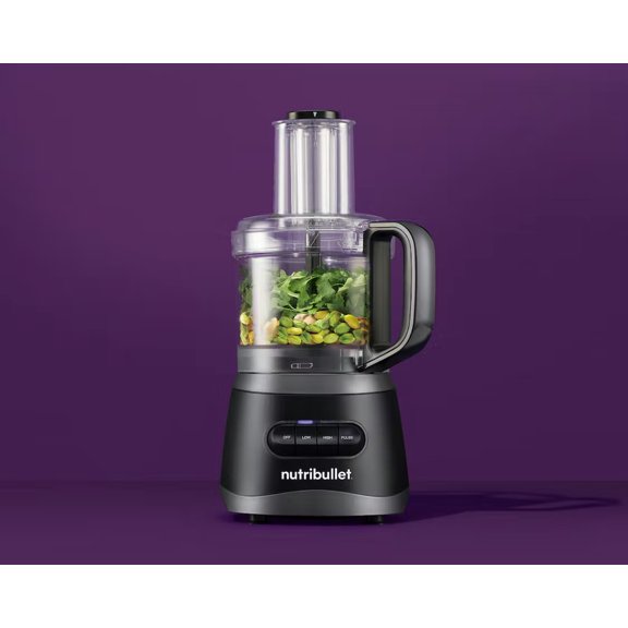 Procesador de alimentos Nutribullet 450 vatios con capacidad de 7 tazas y accesorios de acero inoxidable, trituración, picar y masa, color negro
