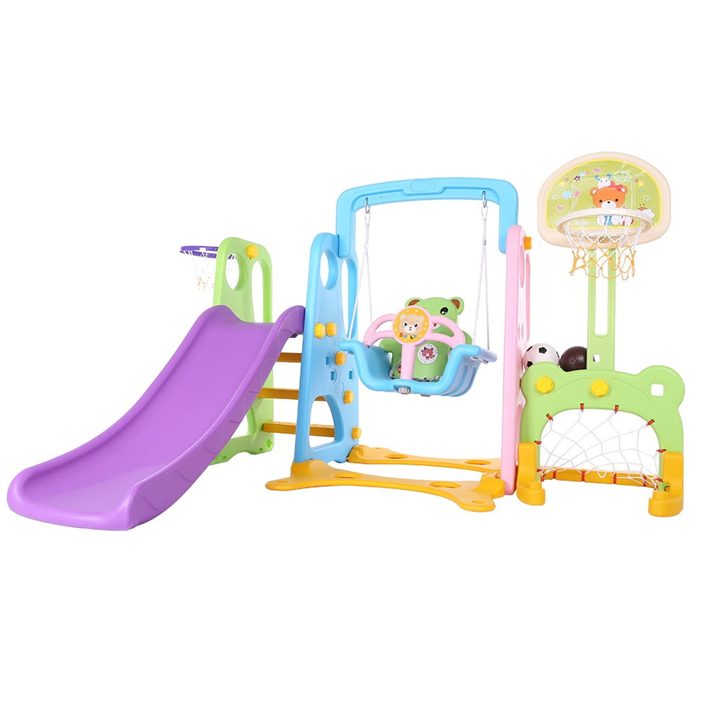 6-in-1 Toddler Play Set Indoor Outdoor Climbing Swing Slide w/ Ball Hoop Gate 