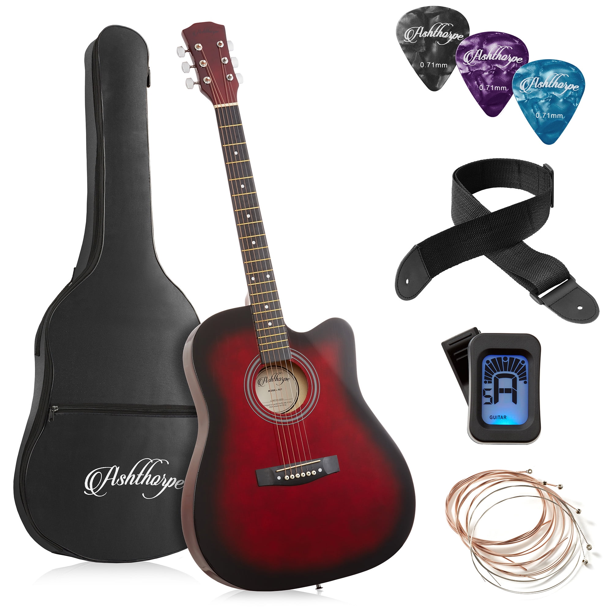 Ashthorpe 41Inch Beginner Acoustic Guitar Starter Package, Red