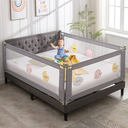 DEYGIA Bed Rail for Toddlers 3 Pcs, Extra Long Baby Bed Rail Guard for Kids, All-Round Sturdy Baby Bed Fence, 79"L 77"W 26" Bed Guardrail, Fit King Mattress, Pattern Gray