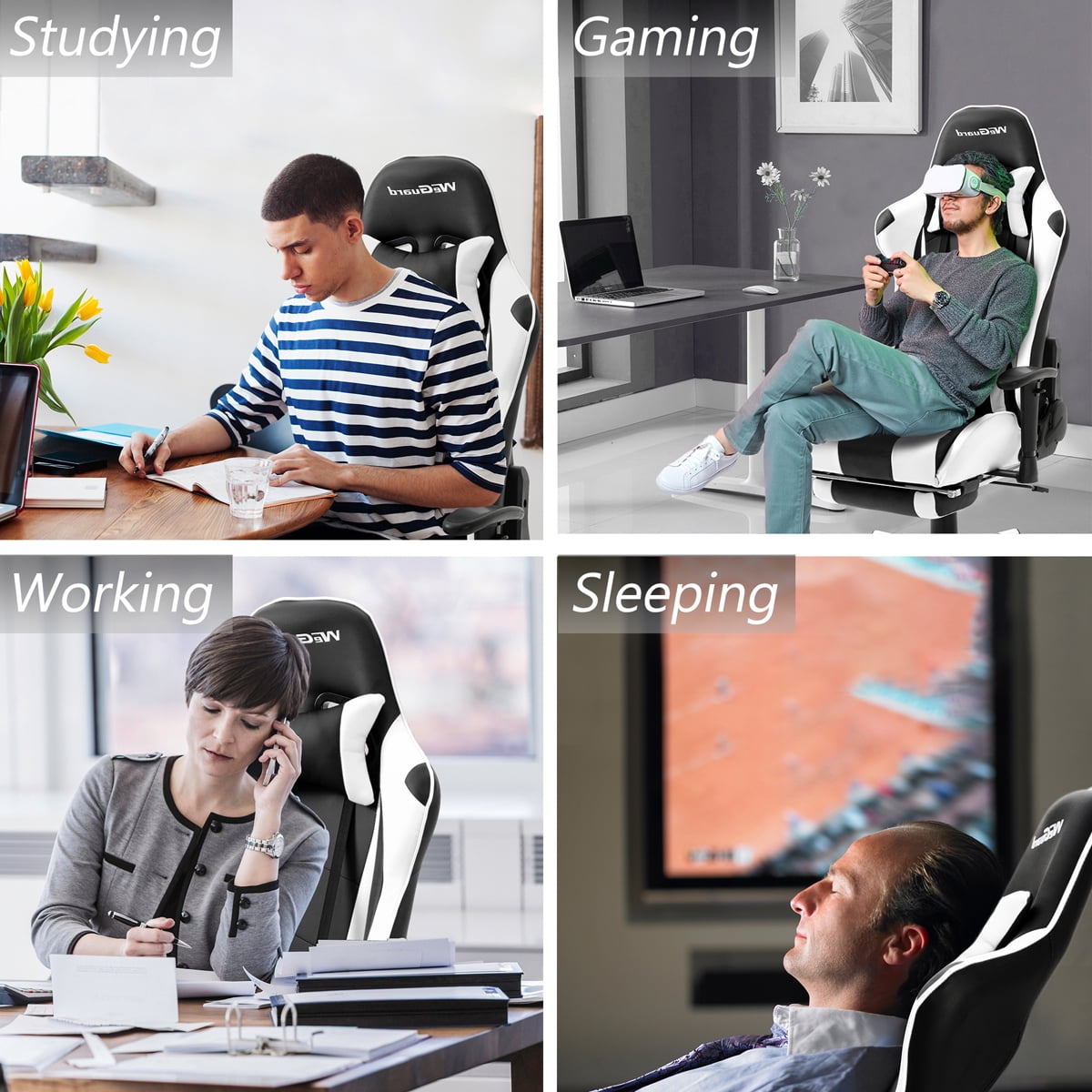 WeGuard White Gaming Chair with Adjustable Headrest Lumbar Support and Retractable Footrest Walmart