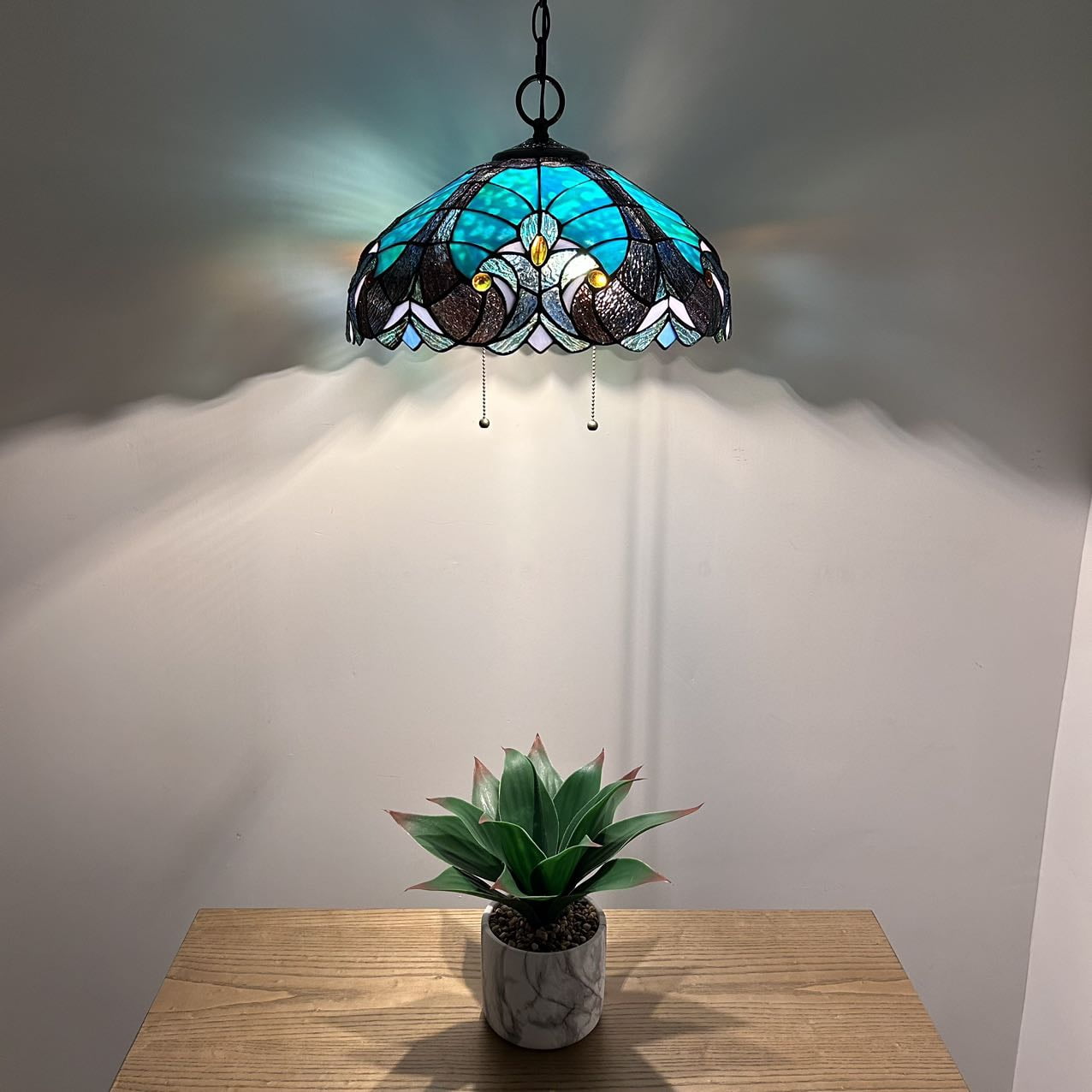 Stained Glass Pendant Lights Fixture Green Brown LED Bulb Included for Dining Room Hotel Restaurant Cafe 16"W*16"D*75"H
