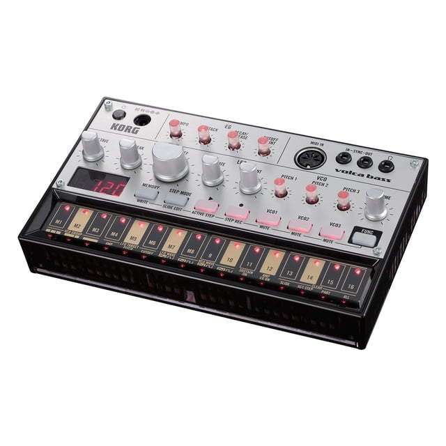 KORG Sintetizador analógico KORG VOLCA BASS con secuenciador de pasos y osciladores de bajo, ideal para música electrónica, color plata, sin batería.