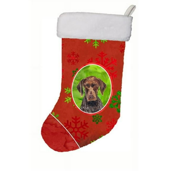 11 x 18 in. German Shorthaired Pointer Red And Green Snowflakes Holiday Christmas Stocking
