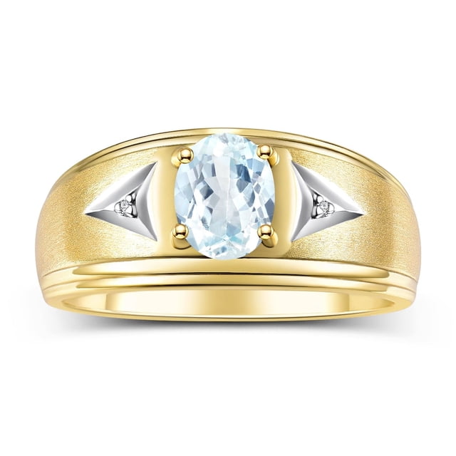 RYLOS Men's Rings 14K Yellow Gold Classic 8X6MM Oval Gemstone & Diamond Ring Aquamarine March Birthstone Rings For Man Gold Rings Size 11