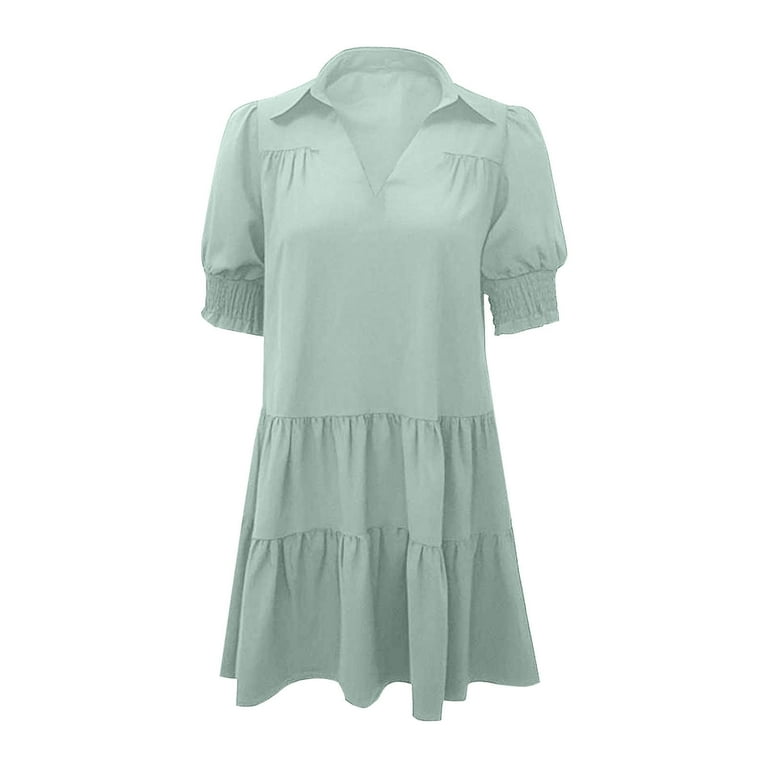 Antinious Ladies Summer Dress,Elegant Dresses for Women,Casual Dresses for Women Turndown Collar Short Sleeve Fold Solid V-Neck Dress,Mint Green,S,