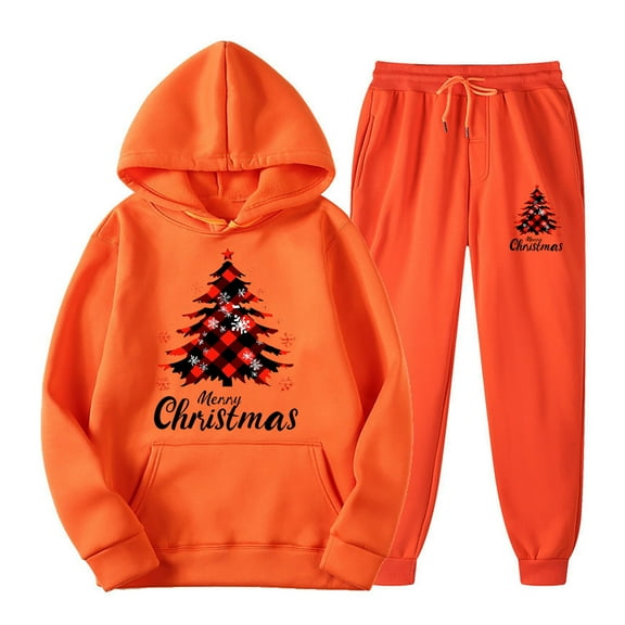 USSUMA Christmas Women's Sweatsuit Women’s Hoodies Long Sleeved Pullover Sweatpant Outfits Pocket Drawstring Print Tracksuit Stretch Waist Trendy Jogger Sets Oversized Fitness Workout Fall Suit