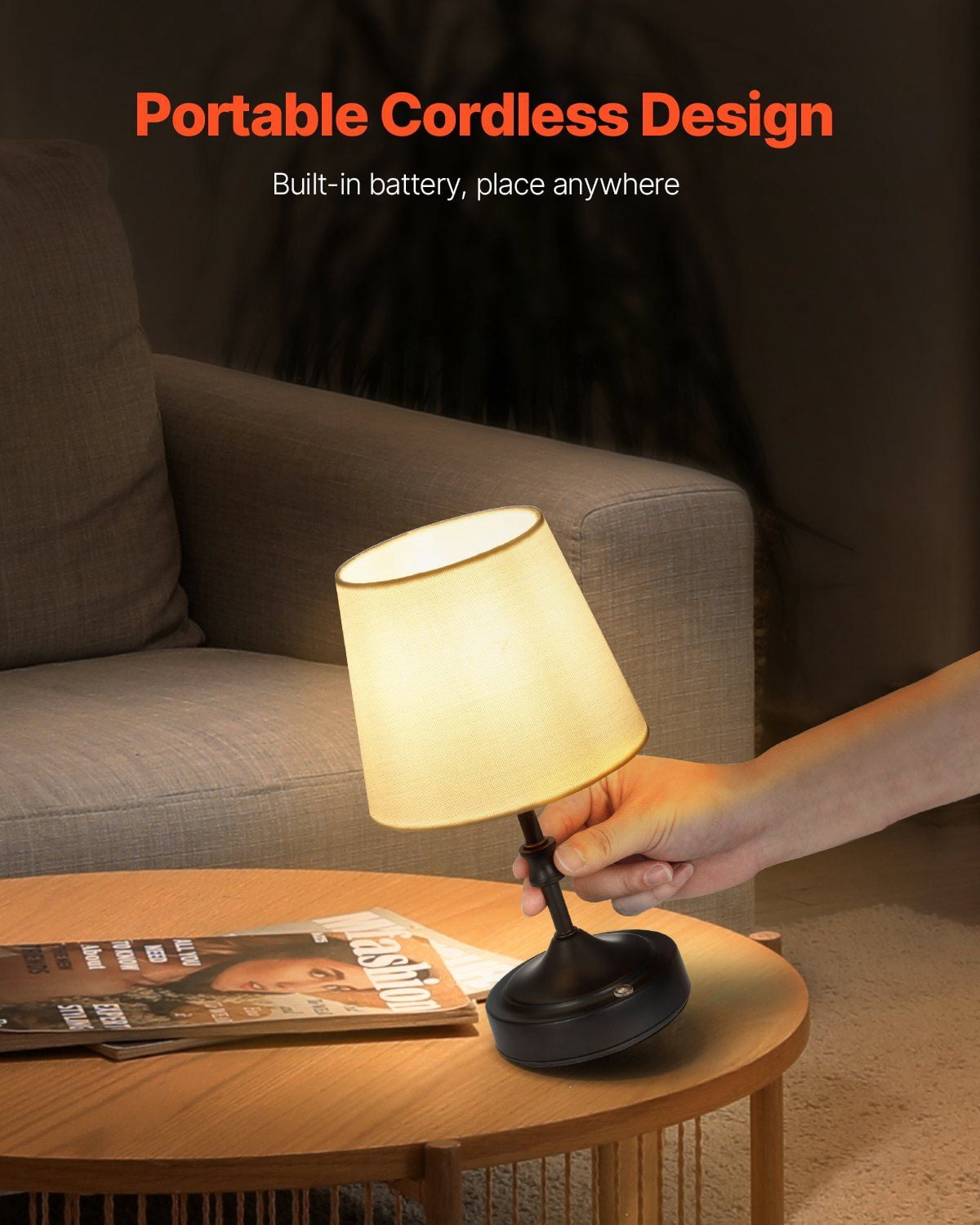 Black Cordless Table Lamp with Rechargeable Battery – Small Fabric Shade Desk Lamp for Bedroom & Office