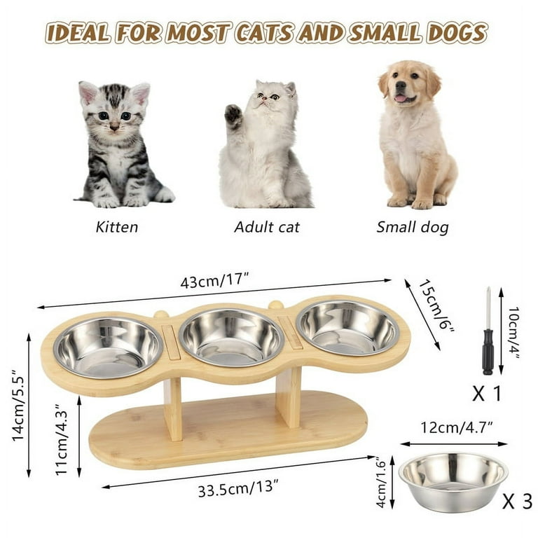 Qweryboo Wooden Elevated Cat Bowls 15 Tilted Adjustable Pet Feeding Station with 3 Stainless Steel Bowls Walmart