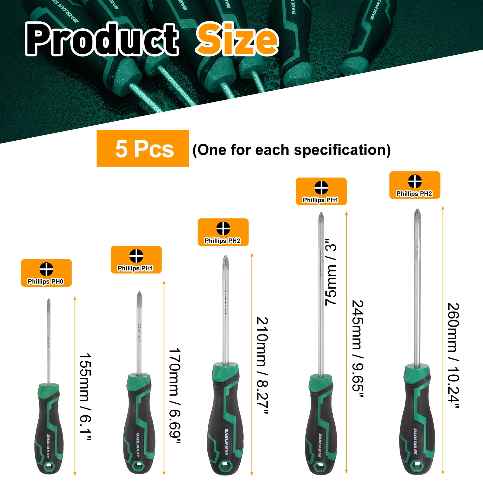 Uxcell 5pcs PH0+PH1+PH2 Phillips Screwdriver Set S2 Steel Magnetic Screwdrivers for Fastening Loosening DIY Repairing