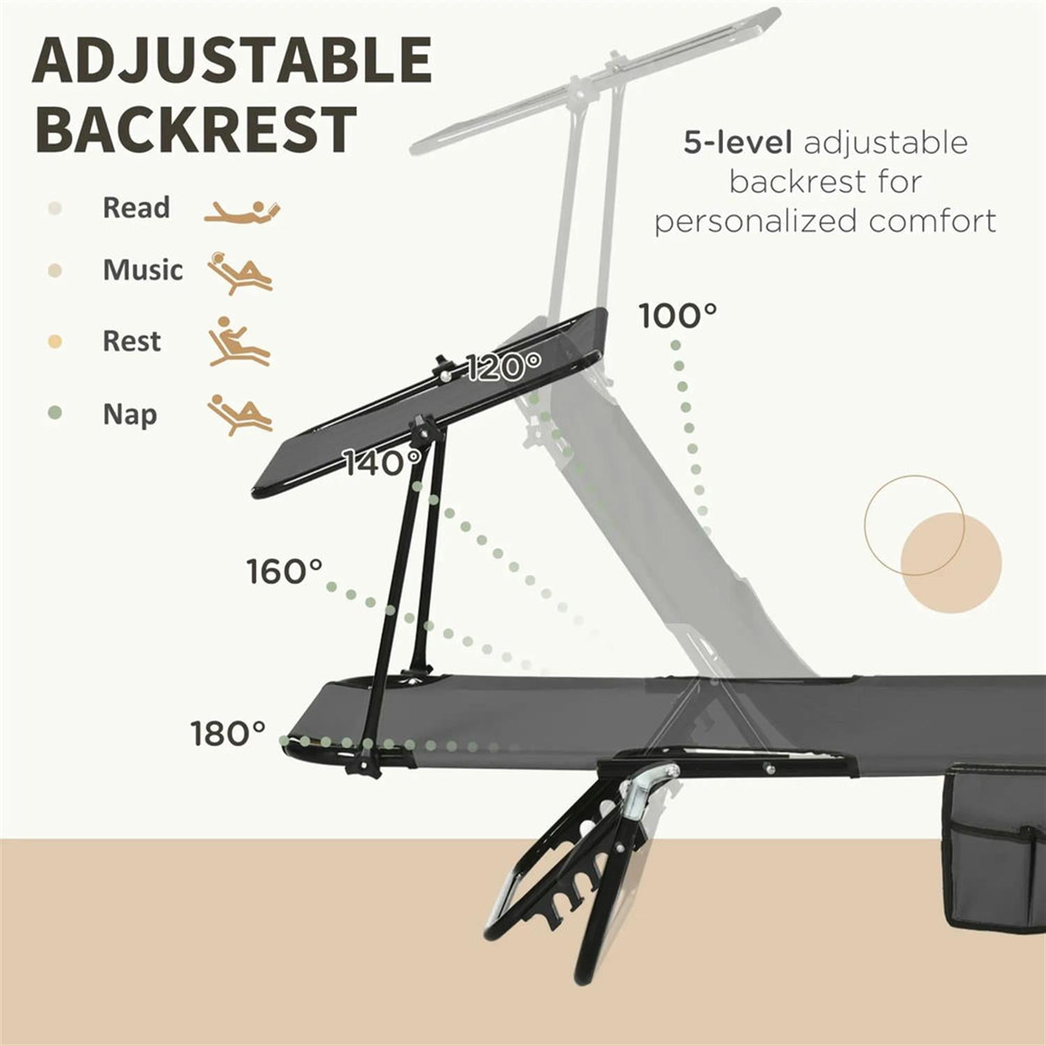 Demi Bonn Folding Pool Chaise Lounge Chairs Set of 2 with Sunshade, Reclining Back, Durable Steel Frame Relaxation, Weatherproof Outdoor Patio Seating, Gray