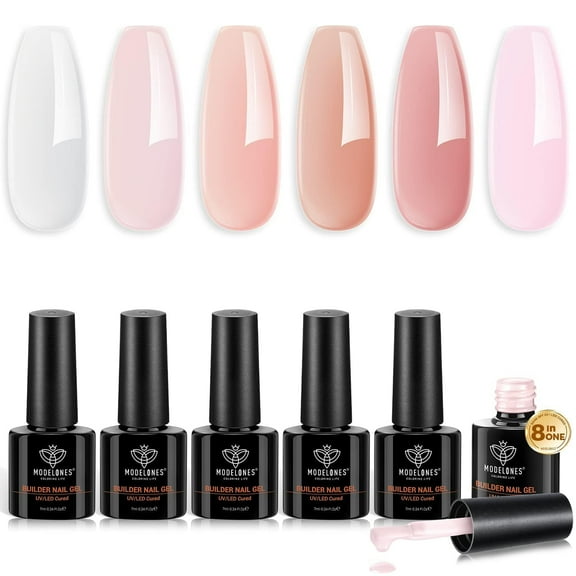 modelones Builder Nail Gel Set, 6 Colors Gel Builder 8-in-One, Jelly Nude Pink Hard Gel Builder Nail Polish Nail Strengthener Extension Gel LED Nail Lamp Cured Color Base Nail Glue Gel in a Bottle