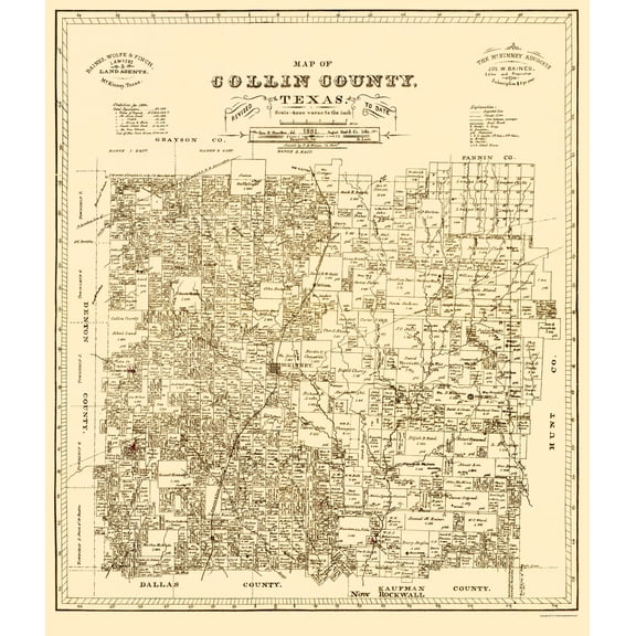 Historic County Map - Collin County Texas - Gast 1881 - Vintage Wall Art