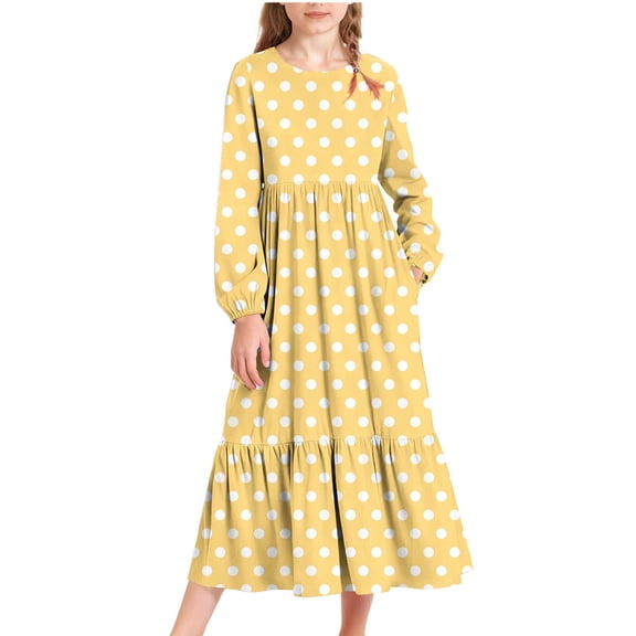 Xdegoge Girls Polka Dot A-Line Maxi Dress Long Sleeve Elastic Waist Dresses with Pockets, Flowy Casual Summer Fall Wear Teen Girl Clothes